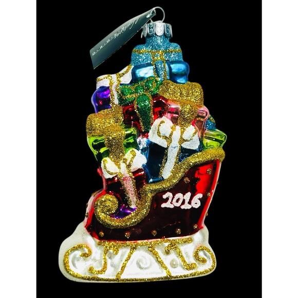 Christopher Radko 2016 Celebrations Sleigh Gifts Glass Christmas Ornament w Box - Picture 2 of 13